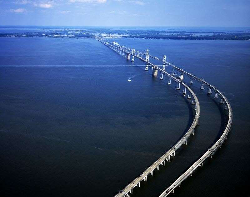 The Chesapeake Bay Bridge spans four miles