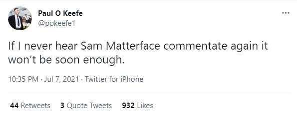 Twitter reacts to Sam Matterface commentating on the England v Denmark Euro semi final on ITV. Picture: Twitter