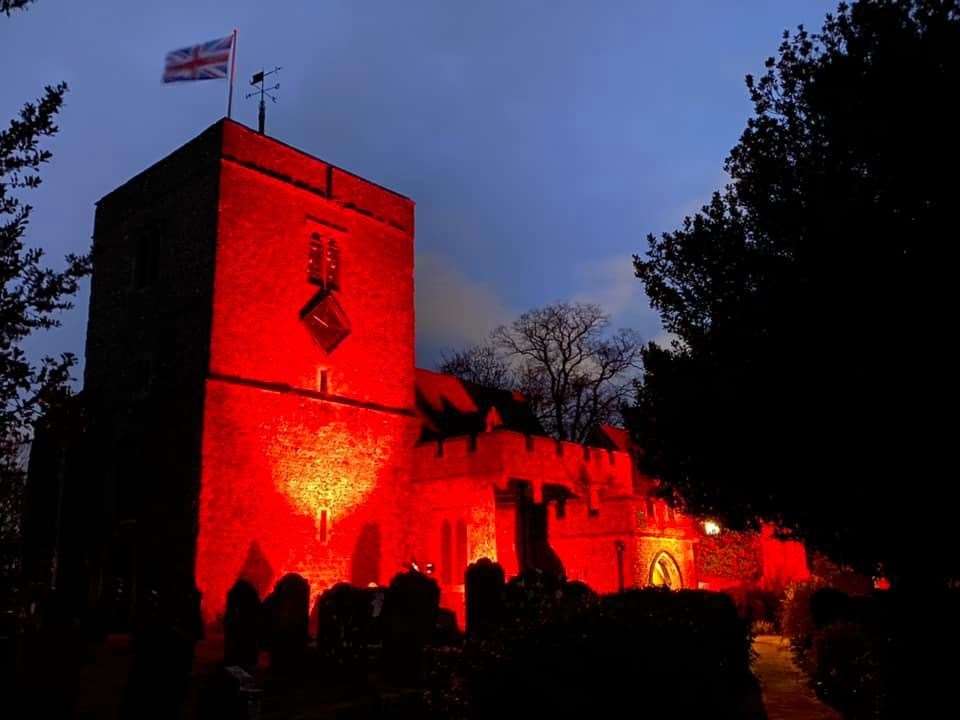 Borden church lit up red for Armistice 2020