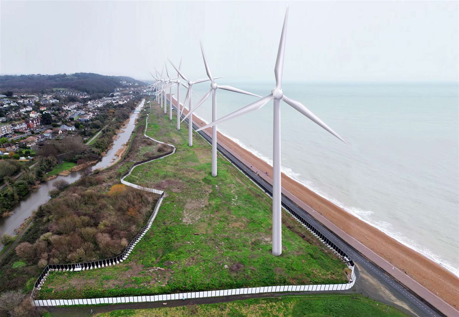 A mocked-up image showing how a wind farm could look on Princes Parade in Hythe