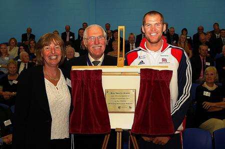Principal Dr Claire Owen, Olympic rower Dan Ritchie and Cllr Pat Todd