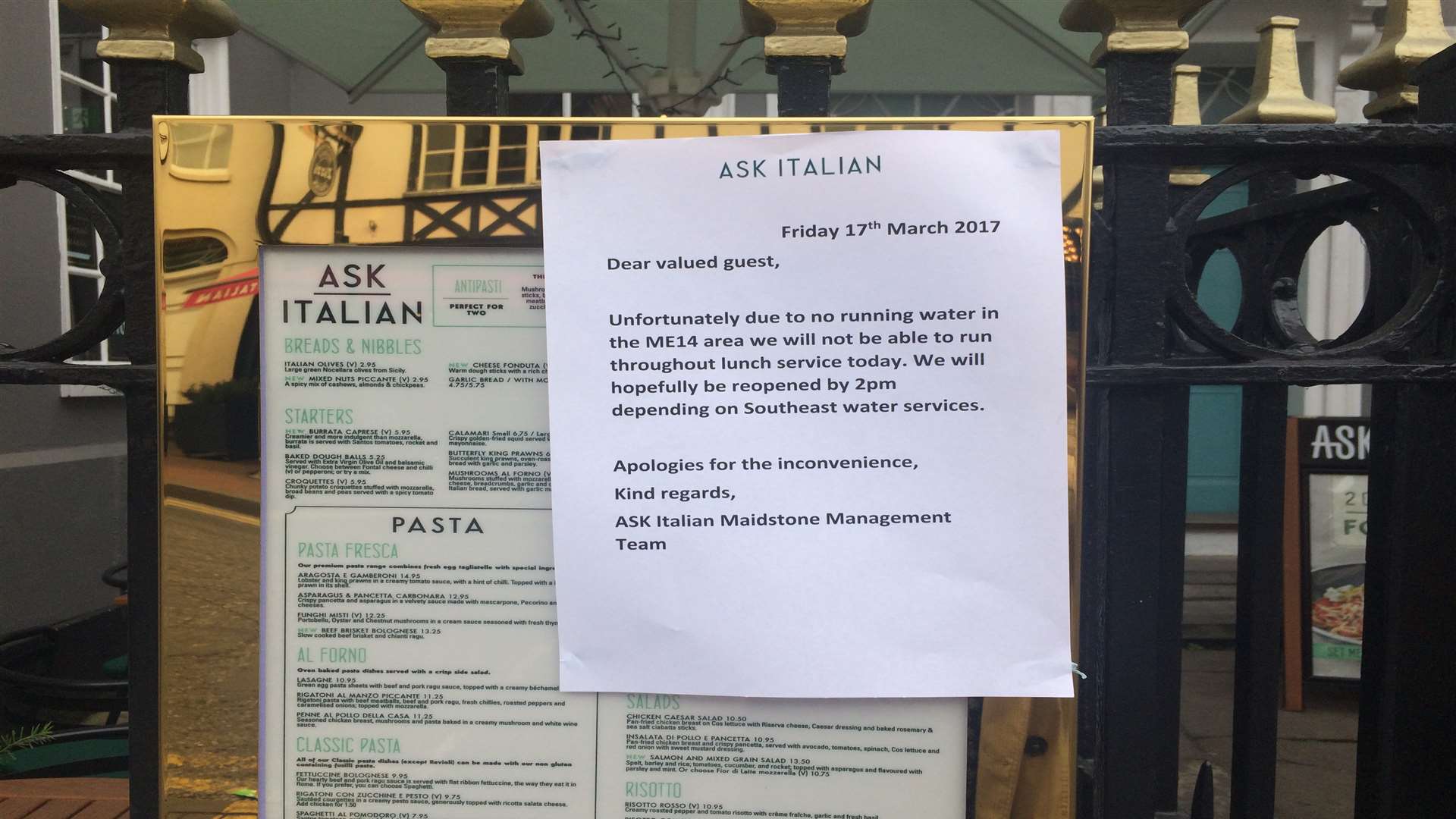 Ask Italian put this sign outside the restaurant on Earl Street to tell customers it would not be open until 2pm.