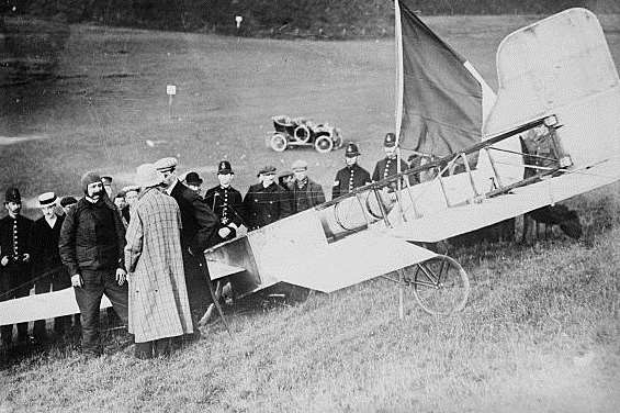 Bleriot and his aeroplane after landing for the first air Channel crossing. Picture taken from Life Along the Kent Coast exhibition in Maidstone