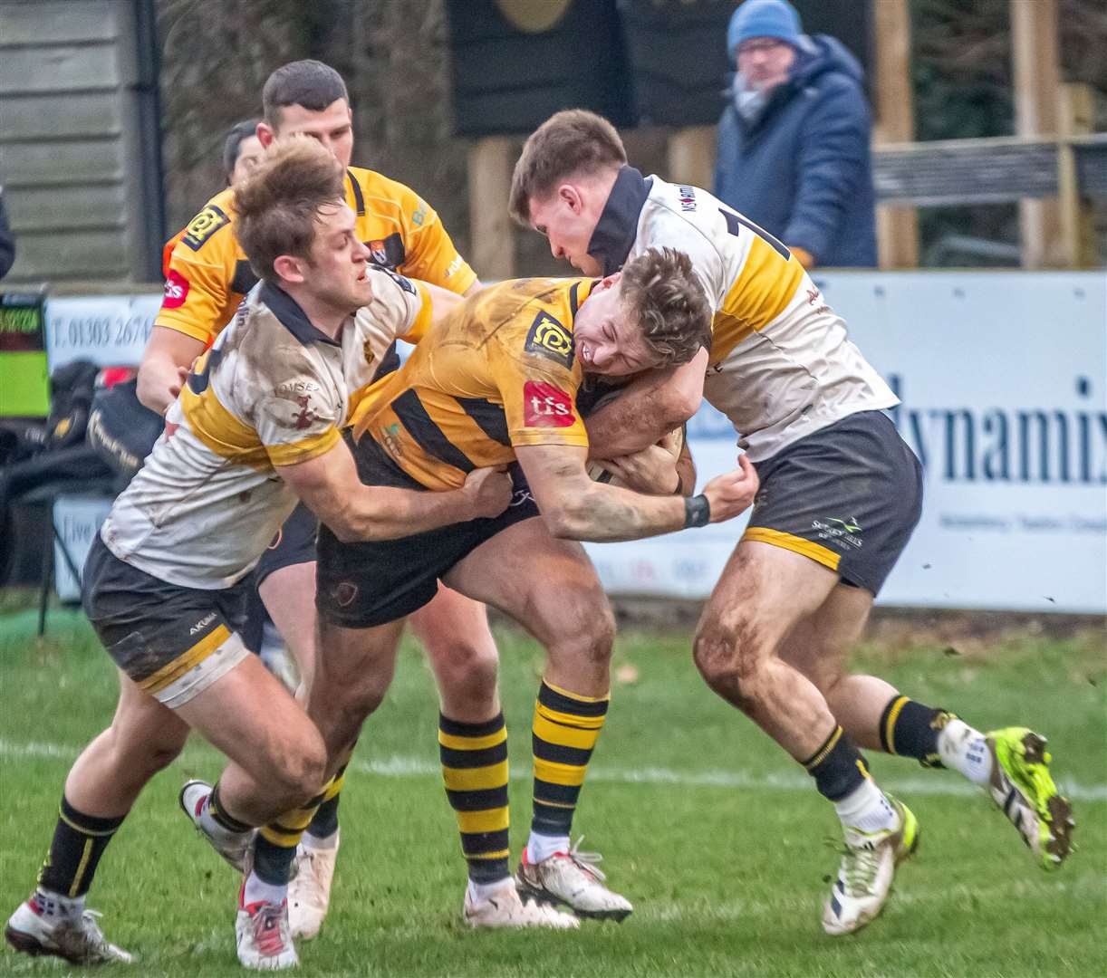 Canterbury's Alfie Orris struggles to escape Esher clutches in the city club’s weekend 36-34 defeat. Picture: Phillipa Hilton