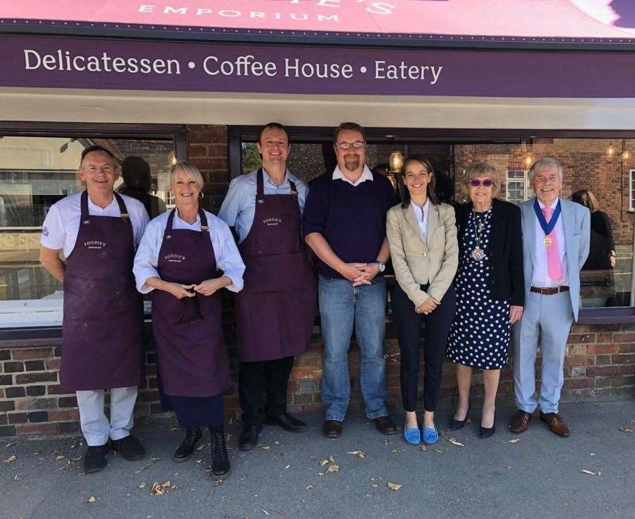 The staff at Foodies Emporium with Helen Whately, Wendy Hinder and her husband Bob