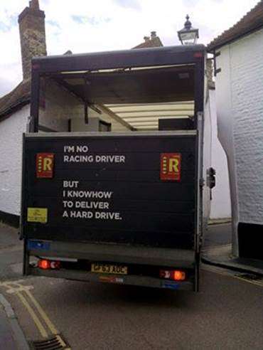 This lorry which became stuck claims: I'm no racing driver but I know how to deliver a hard drive