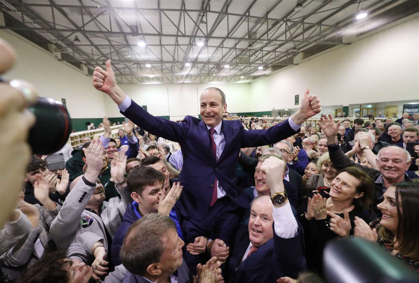 Fianna Fail leader Micheal Martin celebrates after being elected for the Cork South-Central constituency during the general election in February (Yui Mok/PA)