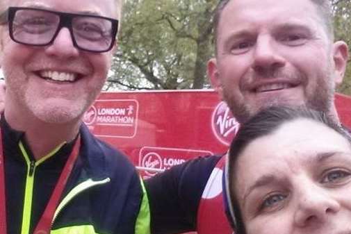 Liam Gibson and his girlfriend Zoe Norman completed the London Marathon 2015 in 4hrs 36mins. They are pictured with radio and TV presenter Chris Evans
