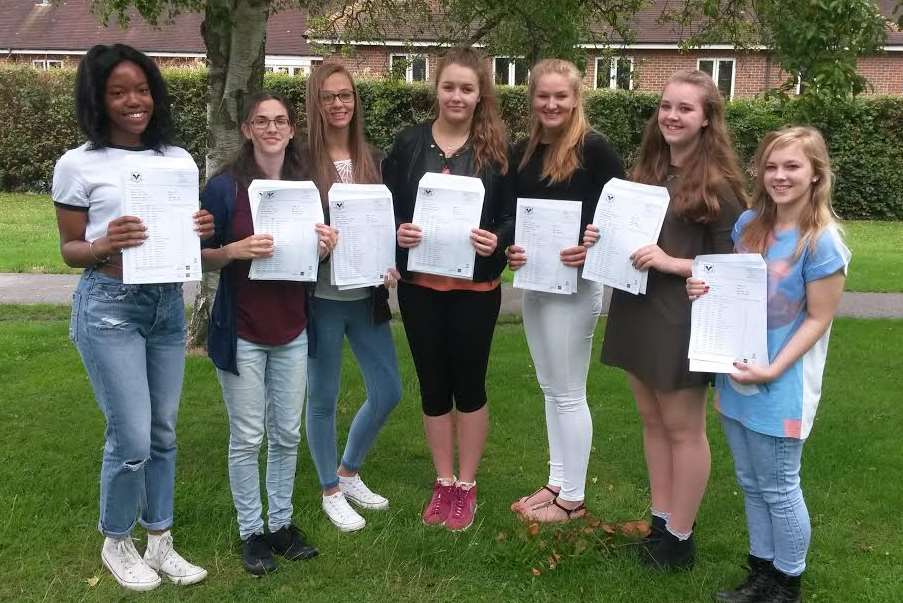 Morgan Steigmann, second from right, and other Highsted School students showing off their GCSE results