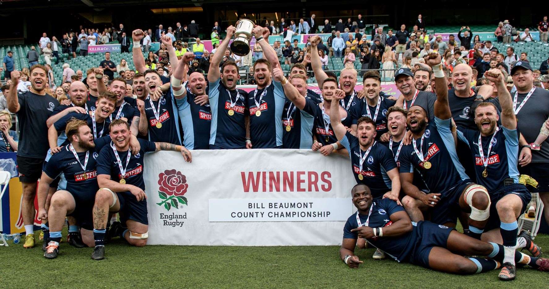 Kent celebrate their Bill Beaumont County Championship Final win over Lancashire at Twickenham. Picture: ICPhoto