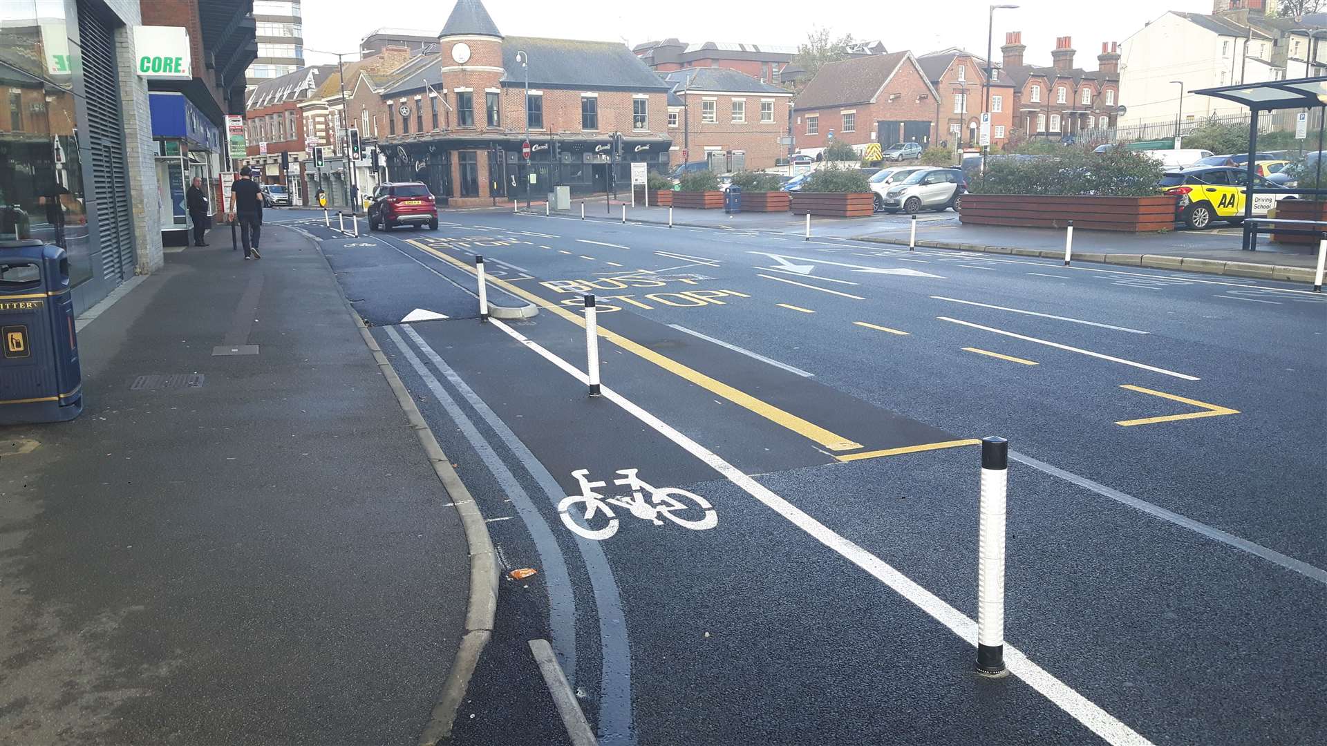 One of the pop-up cycle lanes in King Street, Maidstone