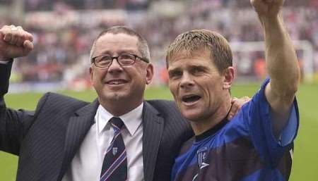 RELIEF AND JOY: Paul Scally and Hessenthaler at the final whistle. Picture: MATT READING