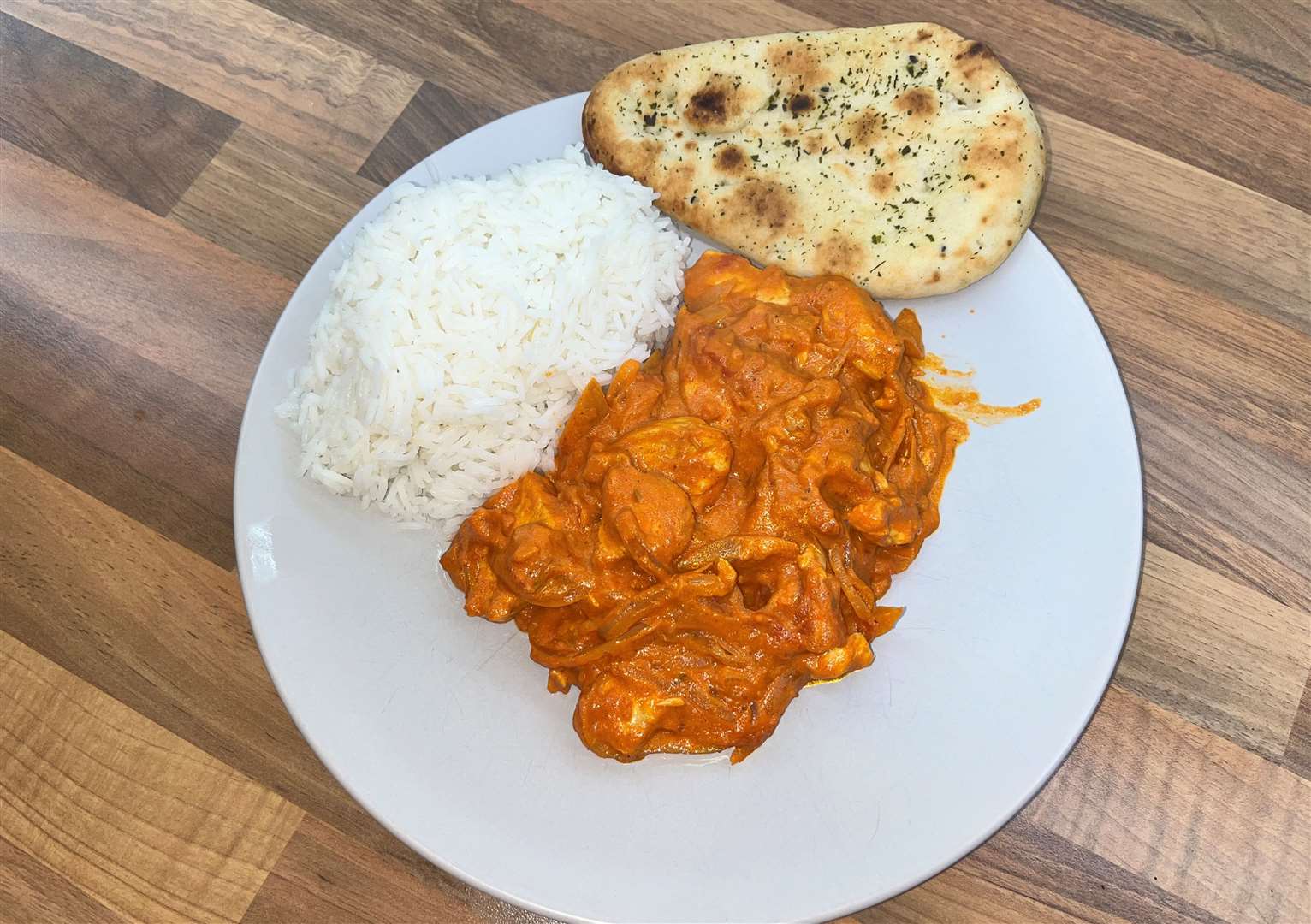 This homemade chicken tikka masala with basmati rice and naan bread certainly looked the part and was packed with flavour