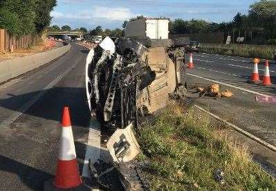 Police are dealing with an overturned van on the M20 at junction 4 for Leybourne. Picture: Kent Police RPU