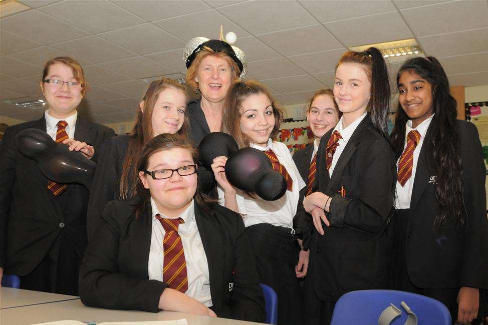 Helen Telfer as an alien spider with year 8 students.