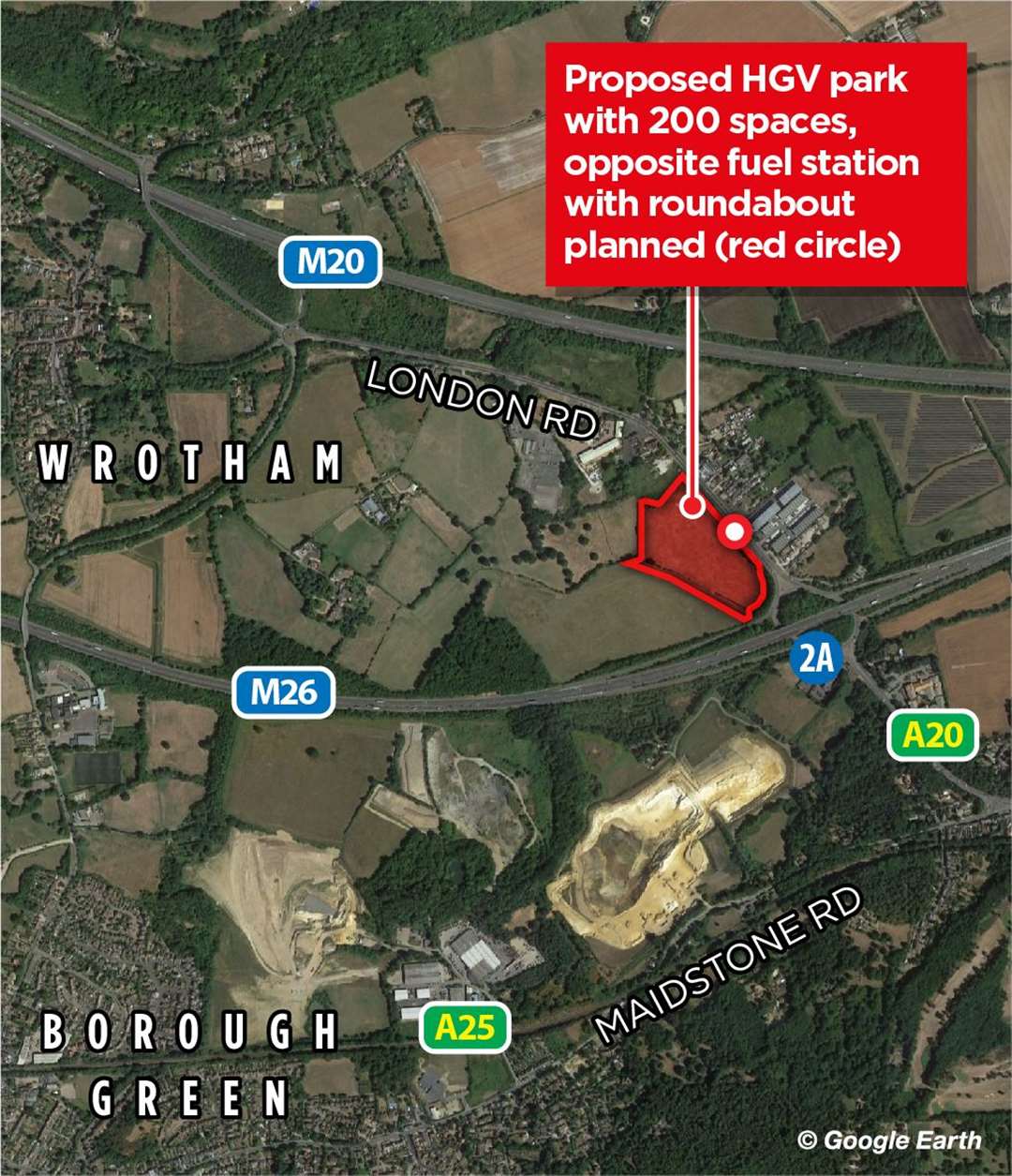 Map of where the new lorry park in Wrotham is proposed to be