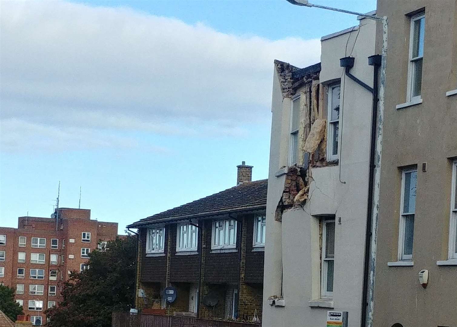 Neighbours reported hearing a huge bang and went outside to find a bulding partially collapsed and on fire in Plains of Waterloo in Ramsgate. (16955055)