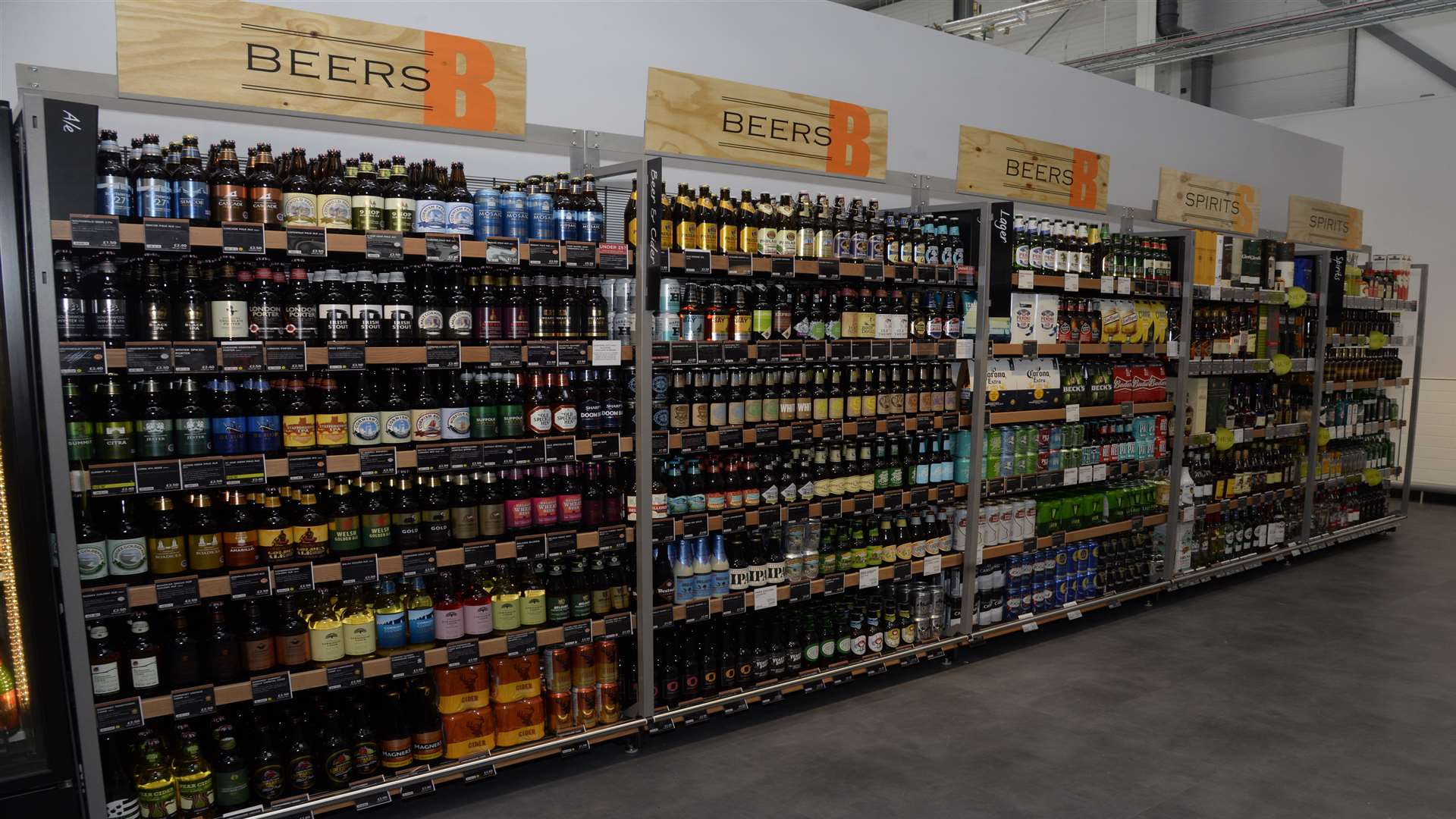 Part of the beers and sprits aisle at the new M&S Foodhall on the Sittingbourne Retail Park, Mill Way.