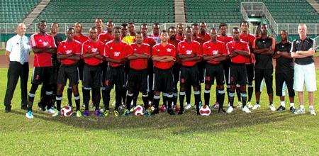 Kevin Harrison, far left, with the Central FC squad in California, Trinidad and Tobago