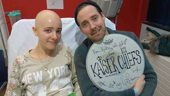 Kelly, after a round of chemotherapy, with singer Ricky Wilson, November 2016. Picture: Kelly Turner Foundation
