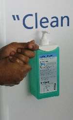 A hand gel dispenser at Maidstone Hospital