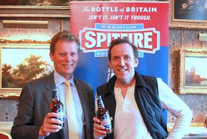 Shepherd Neame chief executive Jonathan Neame with comedian Ben Miller at the launch of new ad campaign for Spitfire Ale