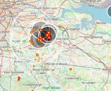 A huge cluster of lighning strikes have been reported around Sevenoaks. Photo: lightningmaps.org