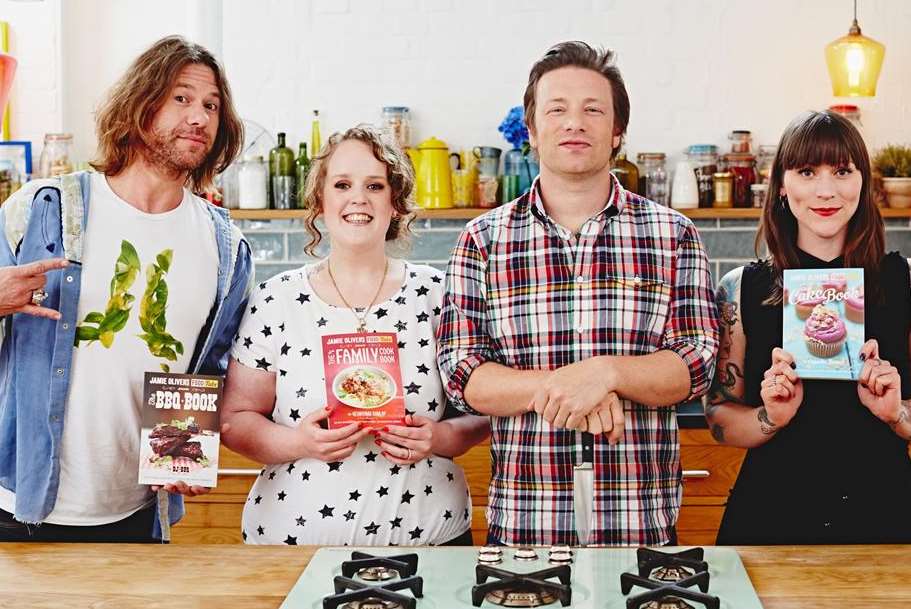 Jamie Oliver with, from left, DJ BBQ, Kerrann Dunlop and Cupcake Jemma