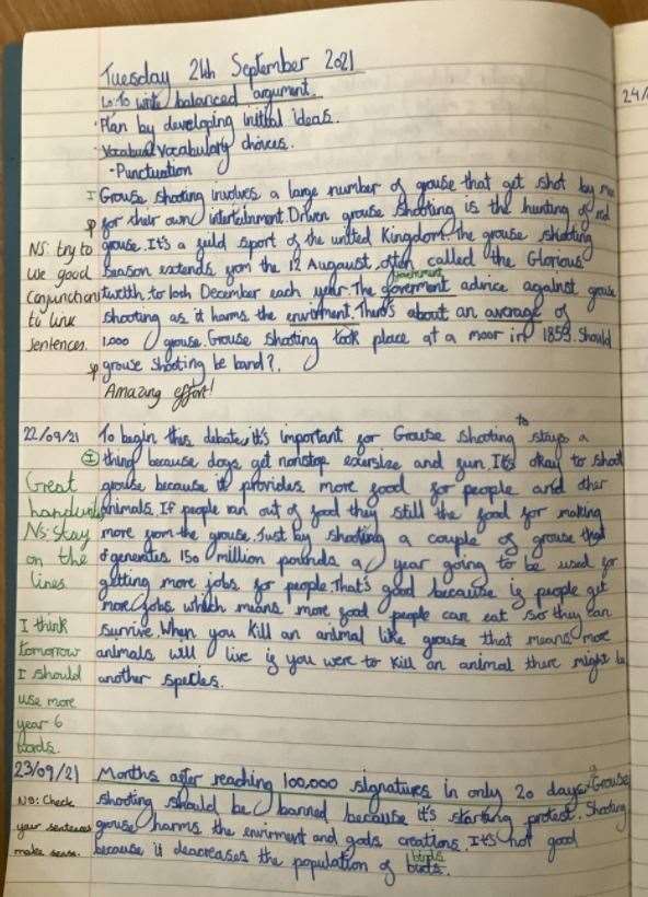 L'écriture d'un élève de 6e année de la Richmond Academy à Sheerness