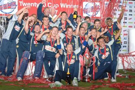 Jubilant Kent players with the trophy. Picture: BARRY GOODWIN