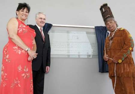 Anne Richardson, of the Rappahannock Tribe, with Stephen Jordan and the Chickahominy tribe's Stephen Adkins by the plaque. Picture: PETER STILL