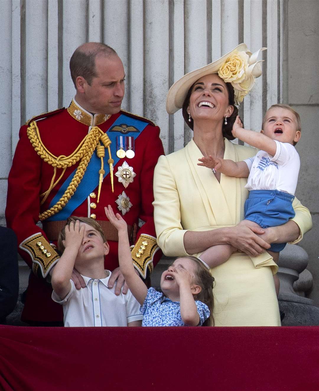 The Cambridges with Prince George, Princess Charlotte and Prince Louis after Trooping the Colour in 2019 (Victoria Jones/PA)