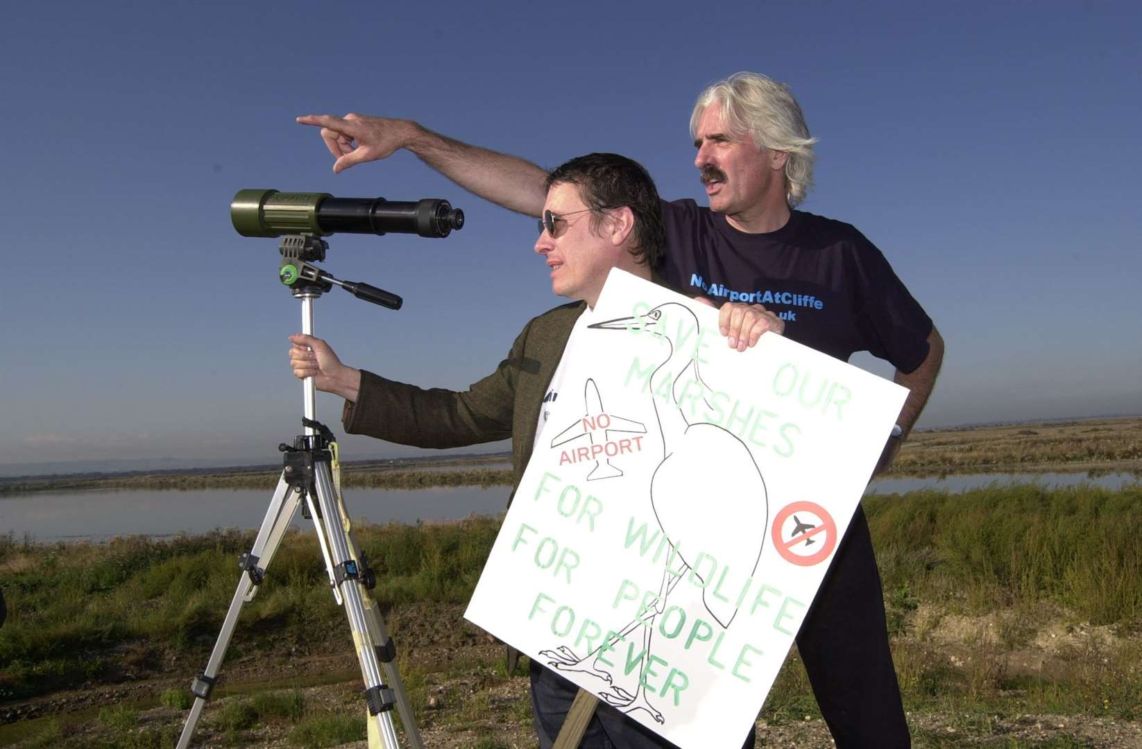 Music star and TV presenter Jools Holland - who lives in nearby Cooling - joined the campaign; pictured at the RSPB's Cliffe Pools with George Crozer, chair of High Halstow Parish Council