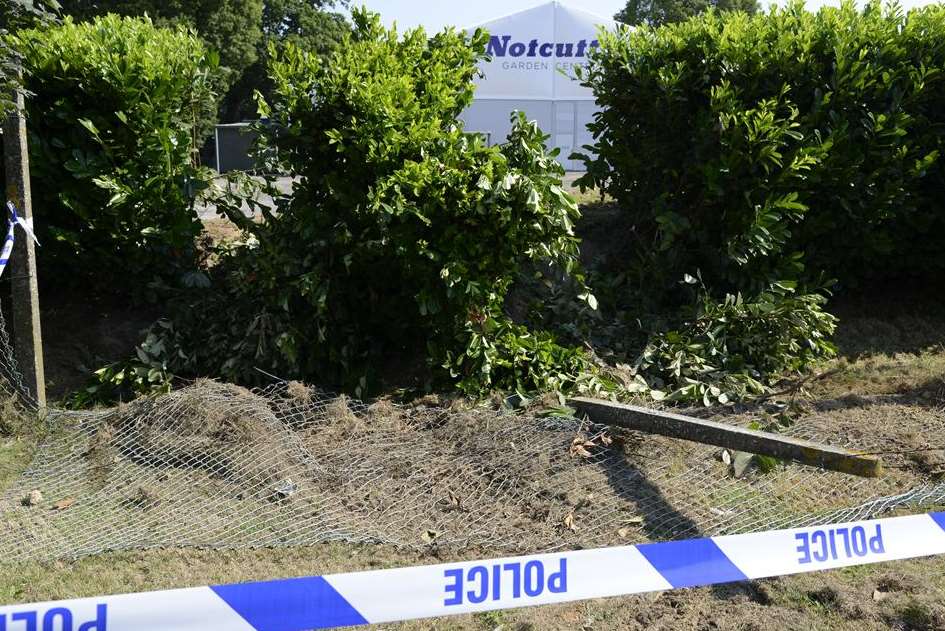 The spot where the stolen JCB digger was driven through the hedge from Notcutts garden centre. Picture: Martin Apps
