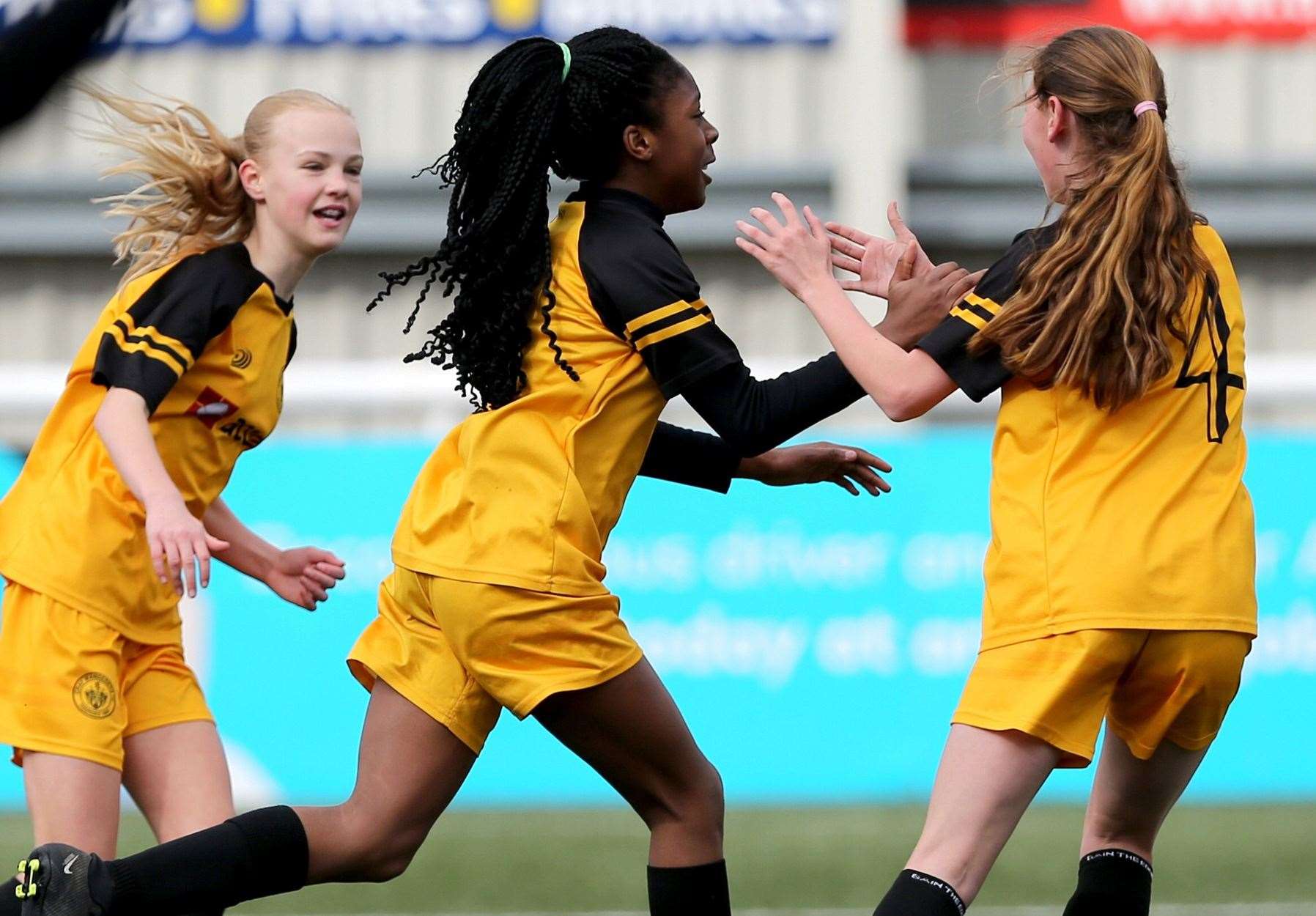 Cray Wanderers under-13s celebrate one of their goals in the final on Sunday. Picture: PSP Images