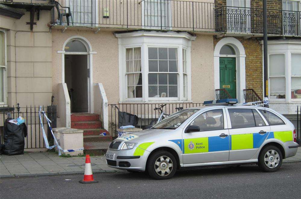 Police outside the house in Fort Crescent, Margate, where James Heddington was discovered dead