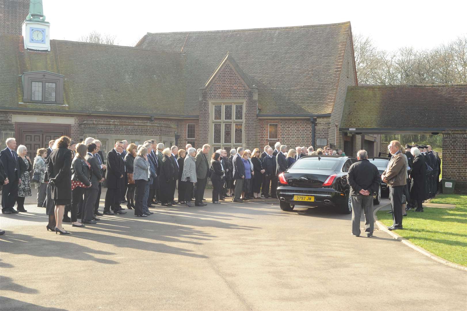 Crowds outside Medway Crematorium, in Blue Bell, Hill, Chatham to pay their respects to David Carr.