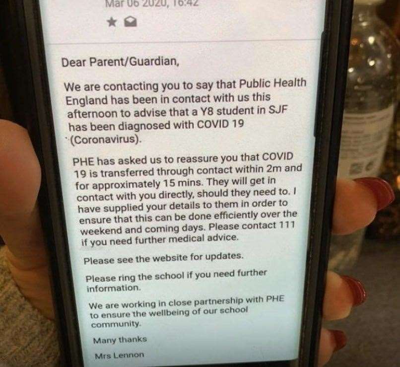 The message sent to parents of pupils at St John Fisher School, Chatham, last night regarding the coronavirus
