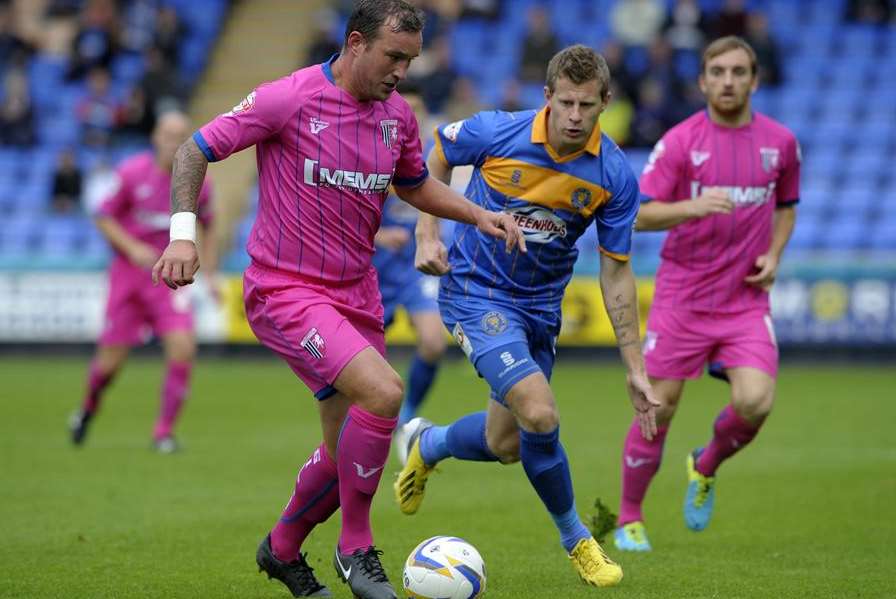 Danny Kedwell goes on the attack against Shrewsbury on Saturday. Picture: Barry Goodwin