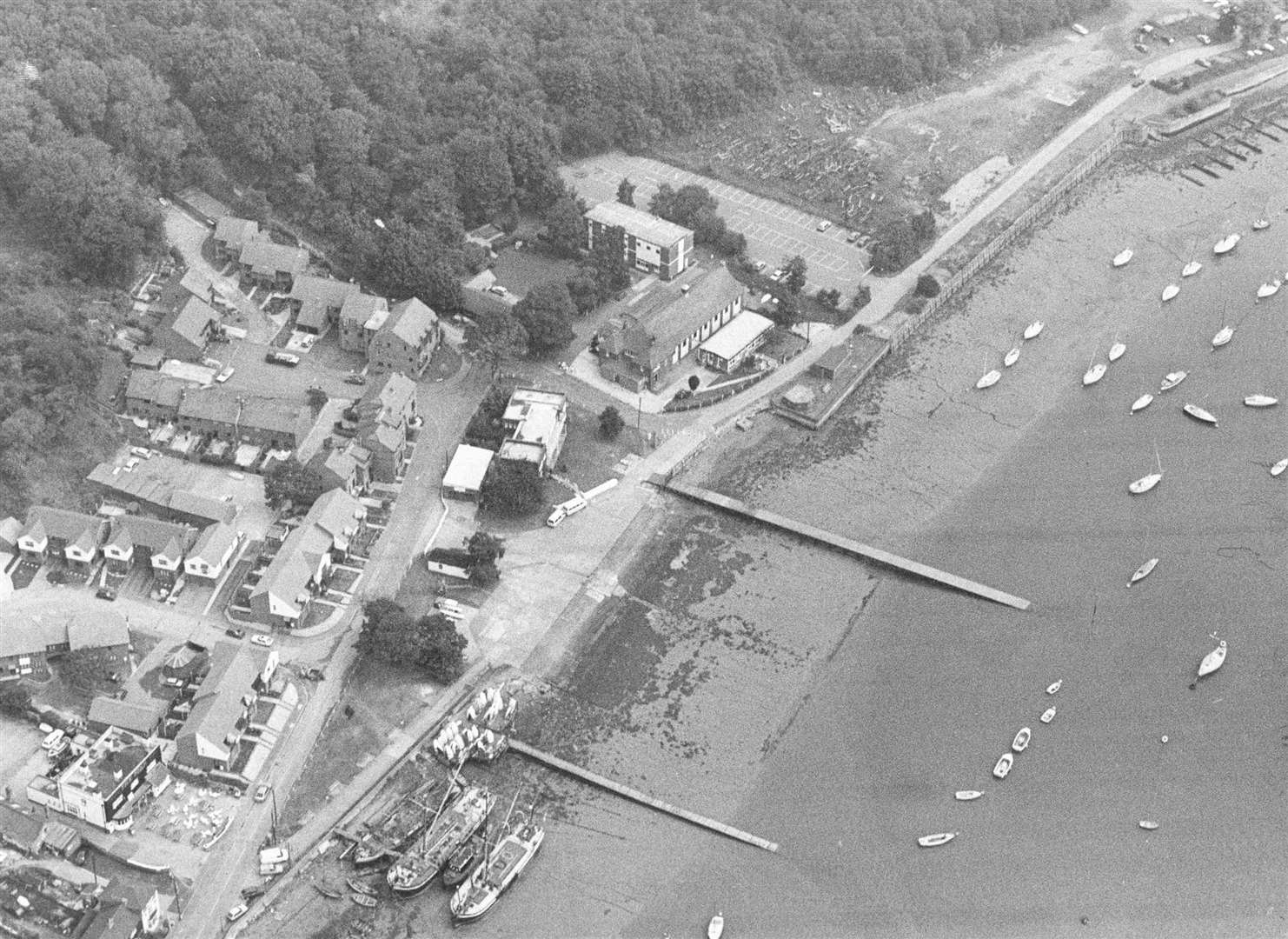 An aerial view of Upnor taken in July 1986 shows part of the riverside and the former Arethusa Centre