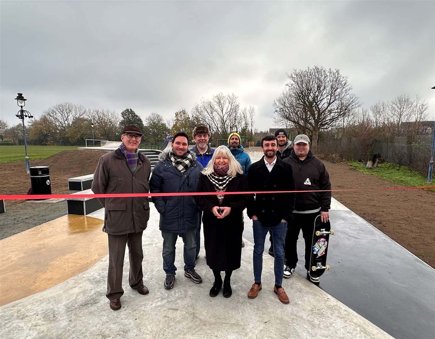 The new Swanley skate park was officially opened by Cllr Lesley Dyball, pictured centre. Photo: Swanley Town Council