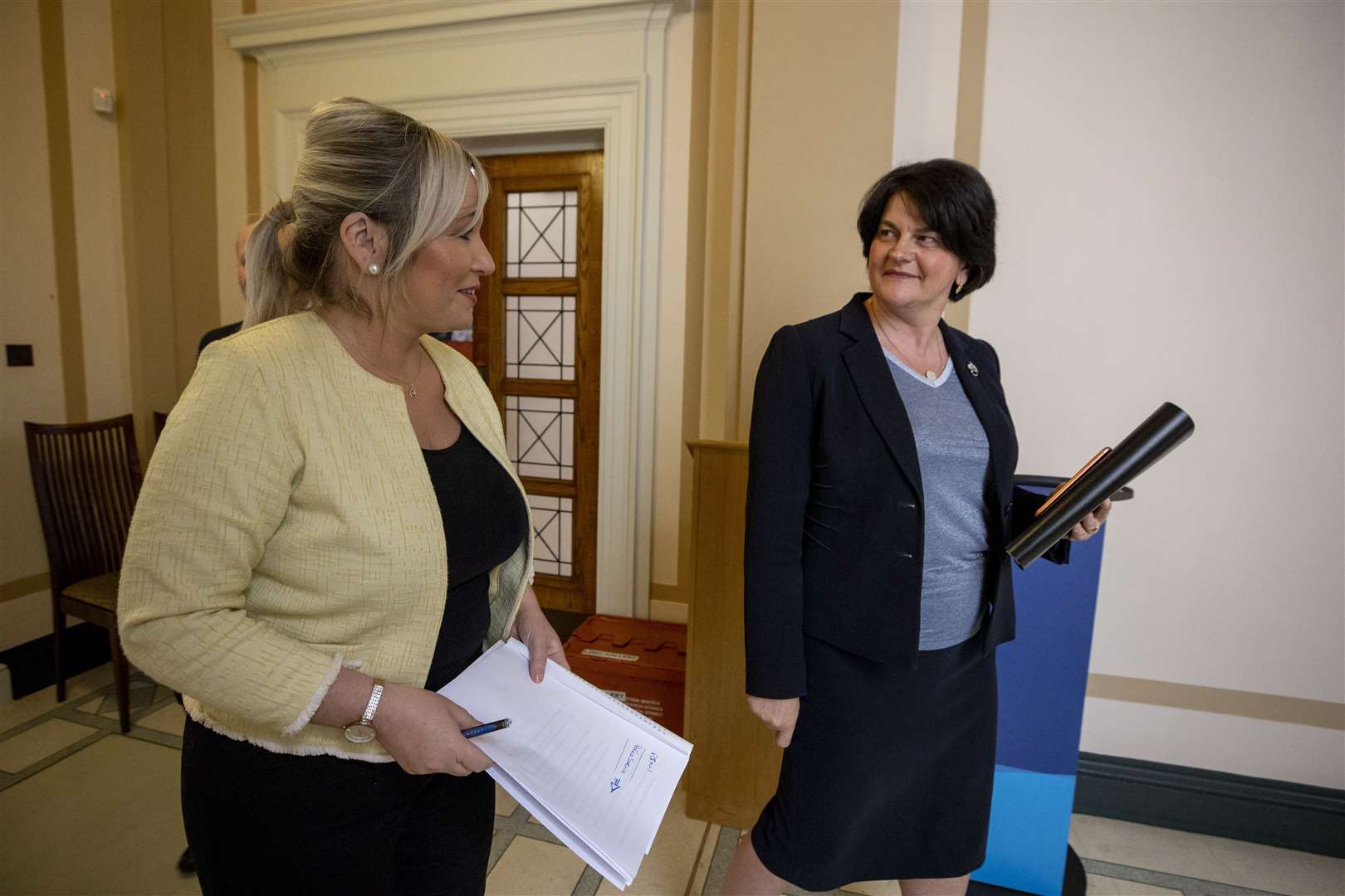 Then First Minister Arlene Foster (right) and then deputy First Minister Michelle O’Neill at Stormont in June 2020 (Liam McBurney/PA)