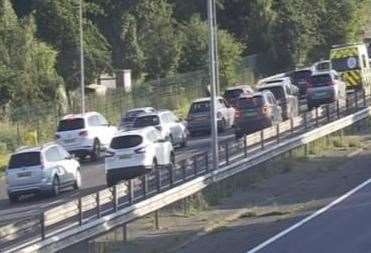Queues have been building throughout the afternoon on the M2 and A299 Thanet Way near Brenley Corner after a crash involving four vehicles. Picture: Kent Highways