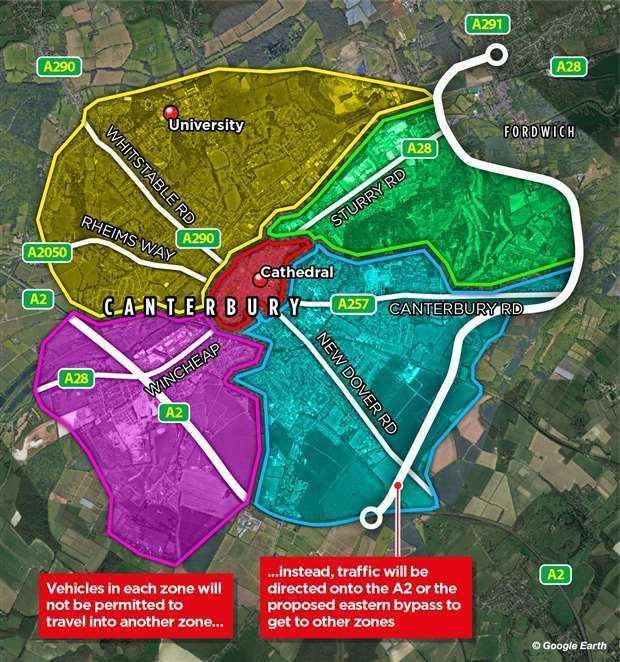 How Canterbury would be divided up into restricted driving zones