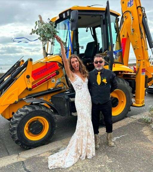 Bride Jessica with her JCB chauffeur. Picture: Diggerland