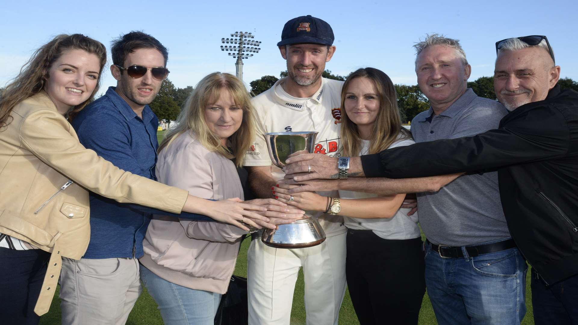 David Masters, centre, celebrates winning the Division 2 title with his family. From left: Sister-in-law Jennifer, brother Daniel, mother Tracey, wife Jenna, father Kevin and uncle Andy Picture: Chris Davey