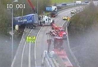 The lorry following the crash on the M25 bridge. Picture: Highways England (7630789)