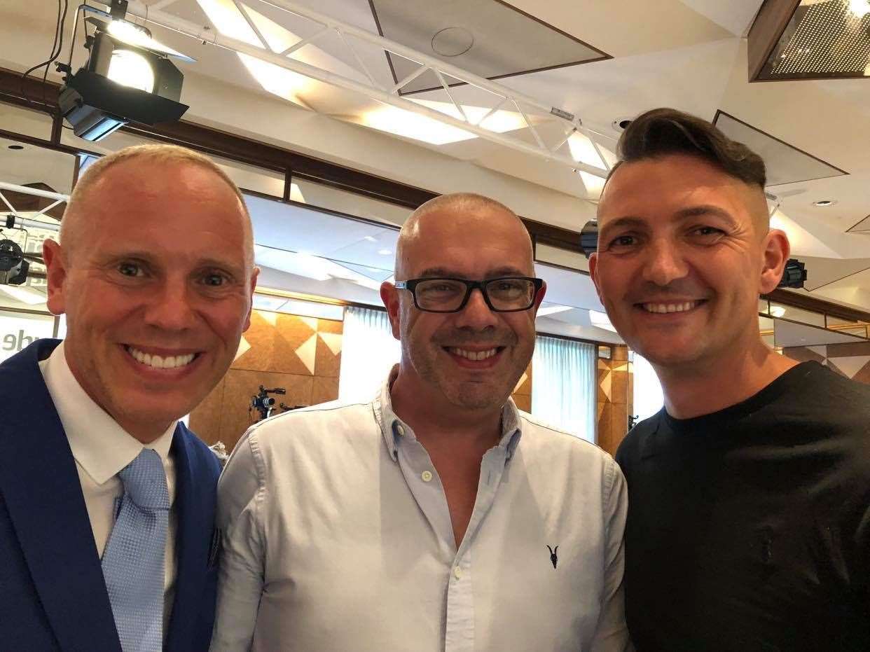 TV judge Robert Rinder with Kyle and Garry Ratcliffe, the founders of Curly’s Legacy