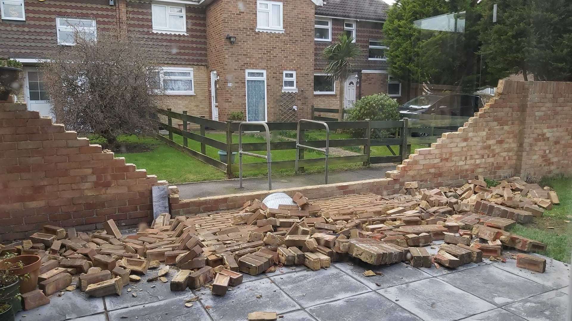 A garden wall has collapsed in Meopham, Gravesend due to Storm Eunice