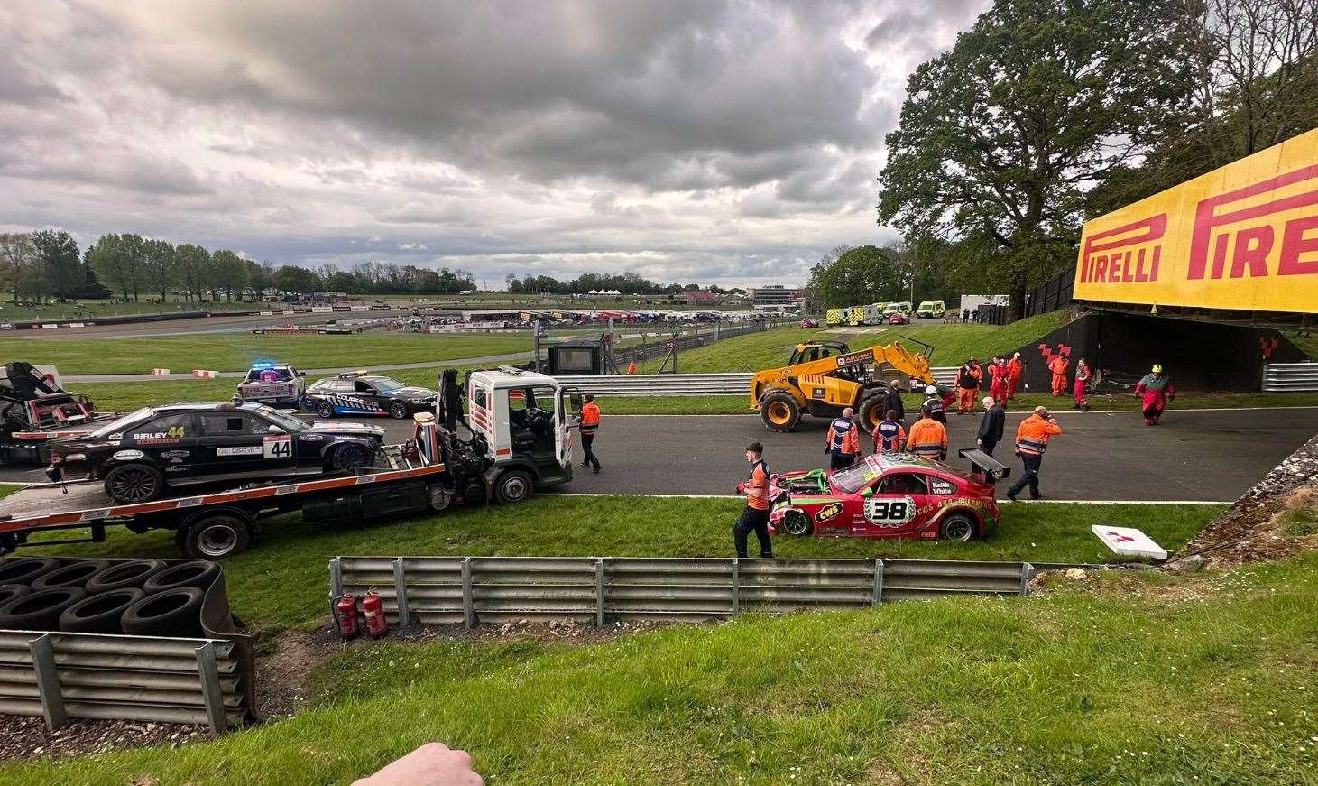 Officials red flagged the race following the crash; Ford Fiesta driver Ian Seale narrowly avoided Stenning’s stricken car during the incident. Picture: Joseph Petrassi